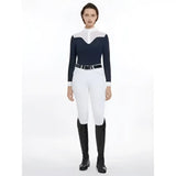 Lemieux emily long sleeve navy shirt with white high collar and contrasting shoulder and cuff panels for riding