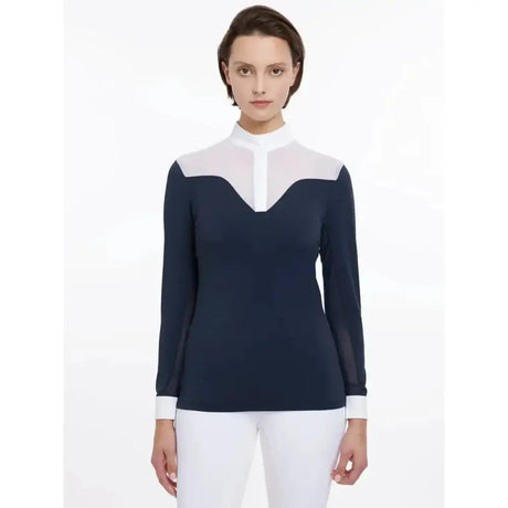 Navy lemieux emily long sleeve equestrian shirt with sheer neckline and cuff panels perfect for showing off