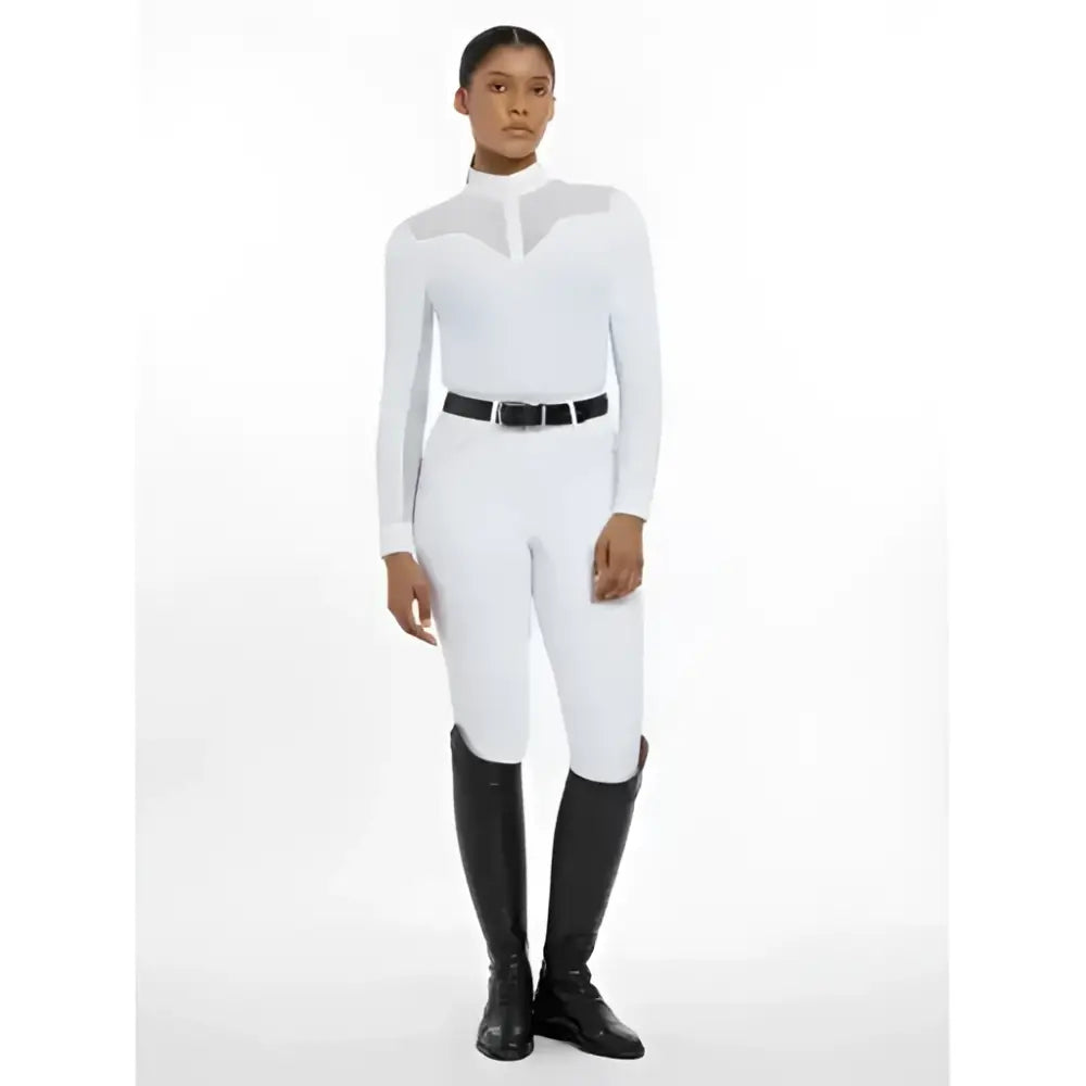 White lemieux emily long sleeve show shirt with sheer mesh panels in lightweight breathable crepe for a flattering silhouette