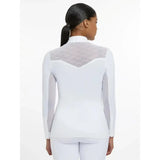 Back view of lemieux emily long sleeve white top with sheer honeycomb panel and lightweight breathable crepe fabric