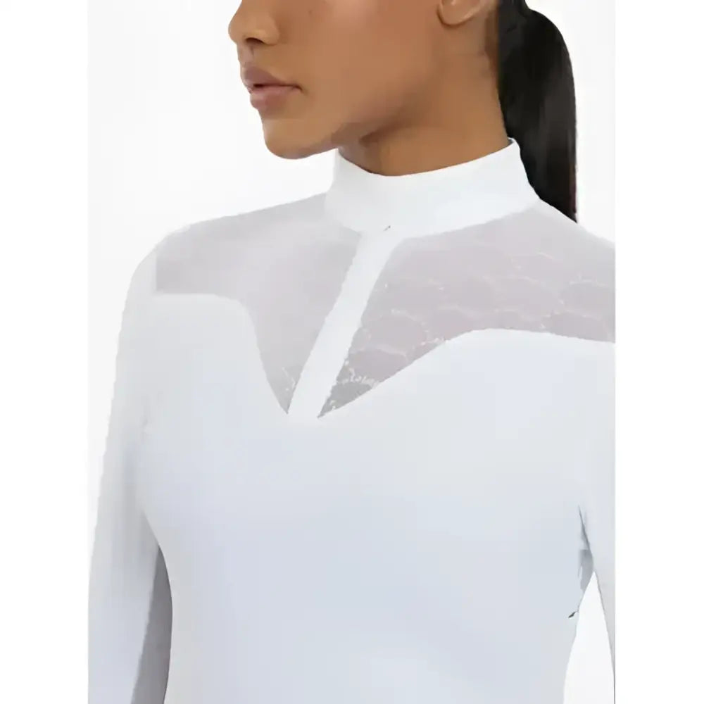 Lemieux emily long sleeve white shirt with sheer mesh panels and high neckline perfect for showing off style
