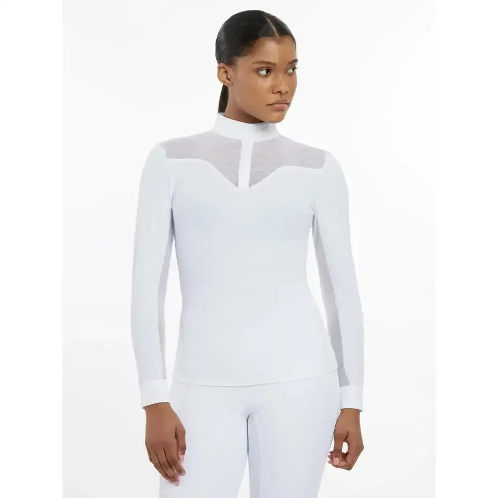 White lemieux emily long sleeve show shirt with sheer mesh panels and lightweight breathable crepe for a flattering silhouette