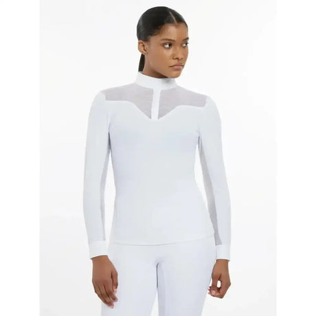 White lemieux emily long sleeve show shirt with sheer mesh panels and lightweight breathable crepe for a flattering silhouette