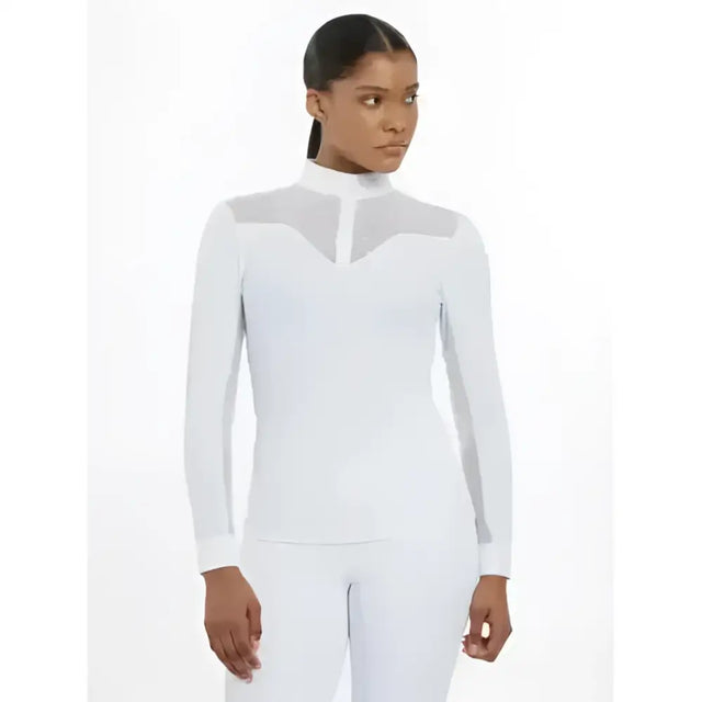 White lemieux emily long sleeve shirt with sheer mesh panels on shoulders and chest for equestrian shows