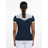 Navy blue lemieux emily short sleeve show shirt with white trim and sheer back panel for equestrian use