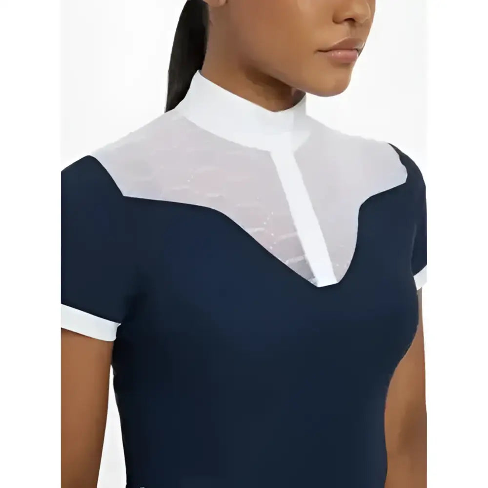 Navy blue and white lemieux emily short sleeve show shirt with sheer mesh paneling at the neckline