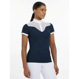 Navy blue and white lemieux emily short sleeve show shirt navy with high collar and sheer panel detail for riding