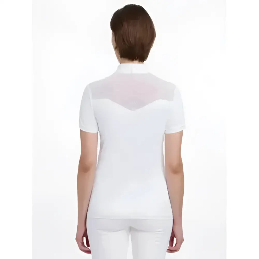 Back view of lemieux emily short white polo shirt with sheer mesh panel across shoulders and upper spine
