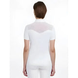 Back view of lemieux emily short white polo shirt with sheer mesh panel across shoulders and upper spine