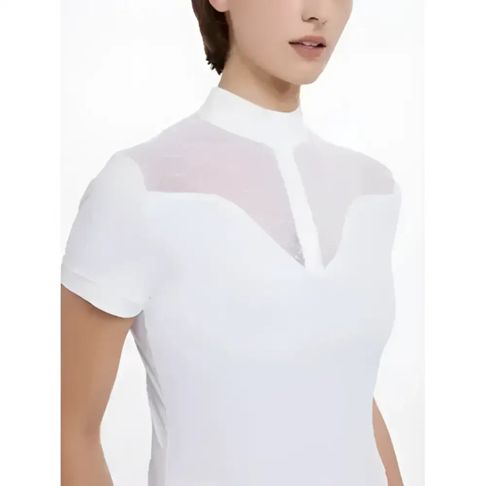 Lemieux emily short white shirt with sheer mesh panels at neckline and shoulders perfect for shows