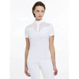 White lemieux emily short sleeve show shirt with sheer mesh paneling at neckline and chest for riding events