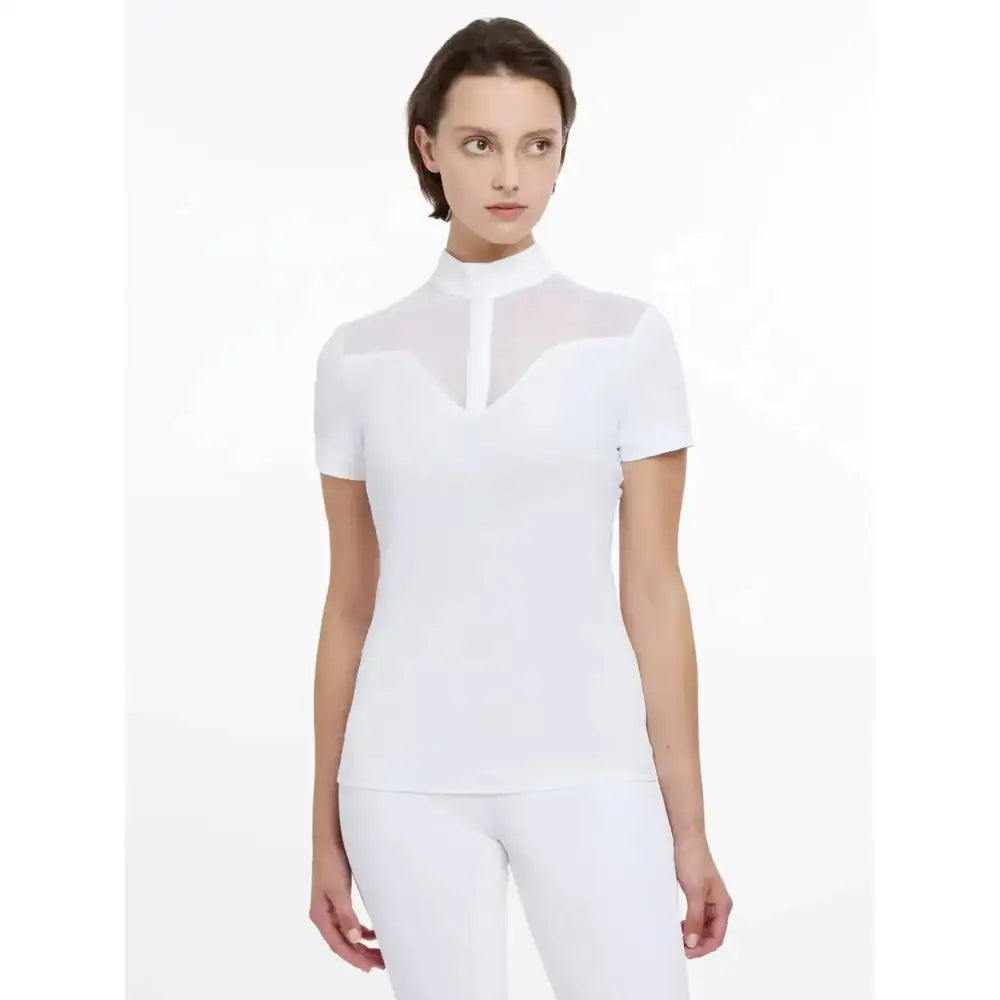White lemieux emily short sleeve show shirt with sheer mesh paneling at neckline and chest for riding events