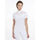 White lemieux emily short sleeve show shirt with sheer mesh paneling at neckline and chest for riding events