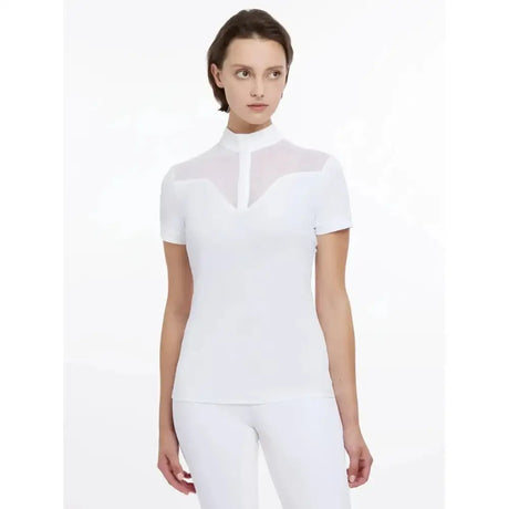 White lemieux emily short sleeve show shirt with sheer mesh paneling at neckline and chest for riding events