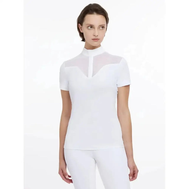 White lemieux emily short sleeve show shirt with sheer mesh paneling at neckline and chest for riding events
