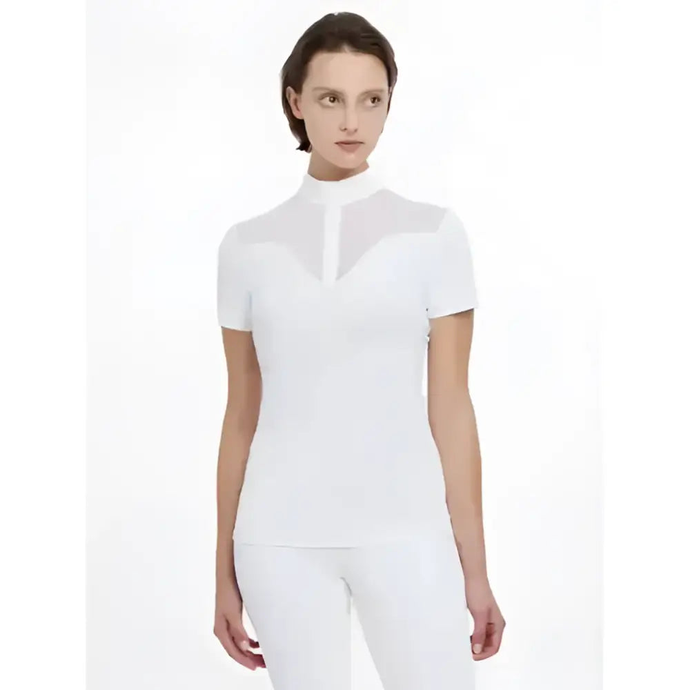 White lemieux emily short sleeve competition shirt with high collar and sheer mesh front panel for showing