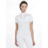 White lemieux emily short sleeve competition shirt with high collar and sheer mesh front panel for showing