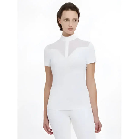 White lemieux emily short sleeve competition shirt with high collar and sheer mesh front panel for showing