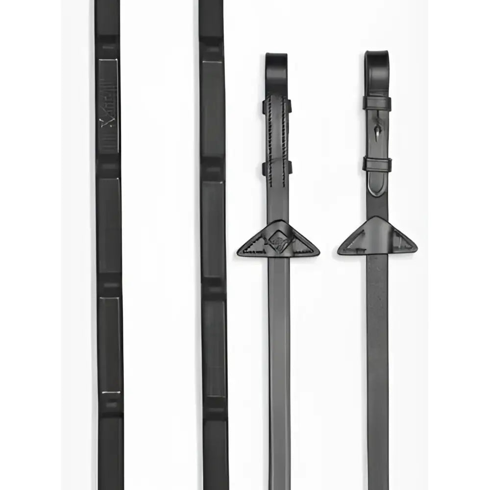 Black leather horse riding stirrups with textured grip and triangular metal hardware for lemieux ergo grip rubber reins black
