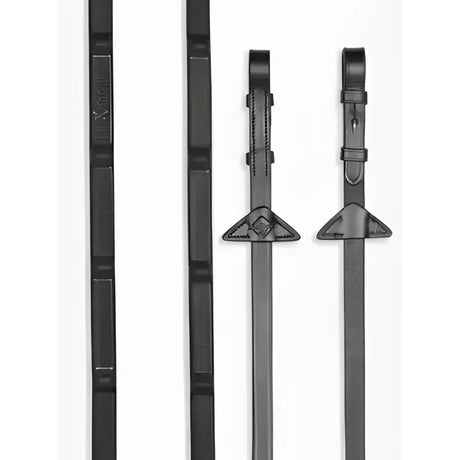 Black leather horse riding stirrups with textured grip and triangular metal hardware for lemieux ergo grip rubber reins black