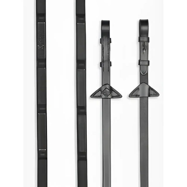 Black leather horse riding stirrups with textured grip and triangular metal hardware for lemieux ergo grip rubber reins black