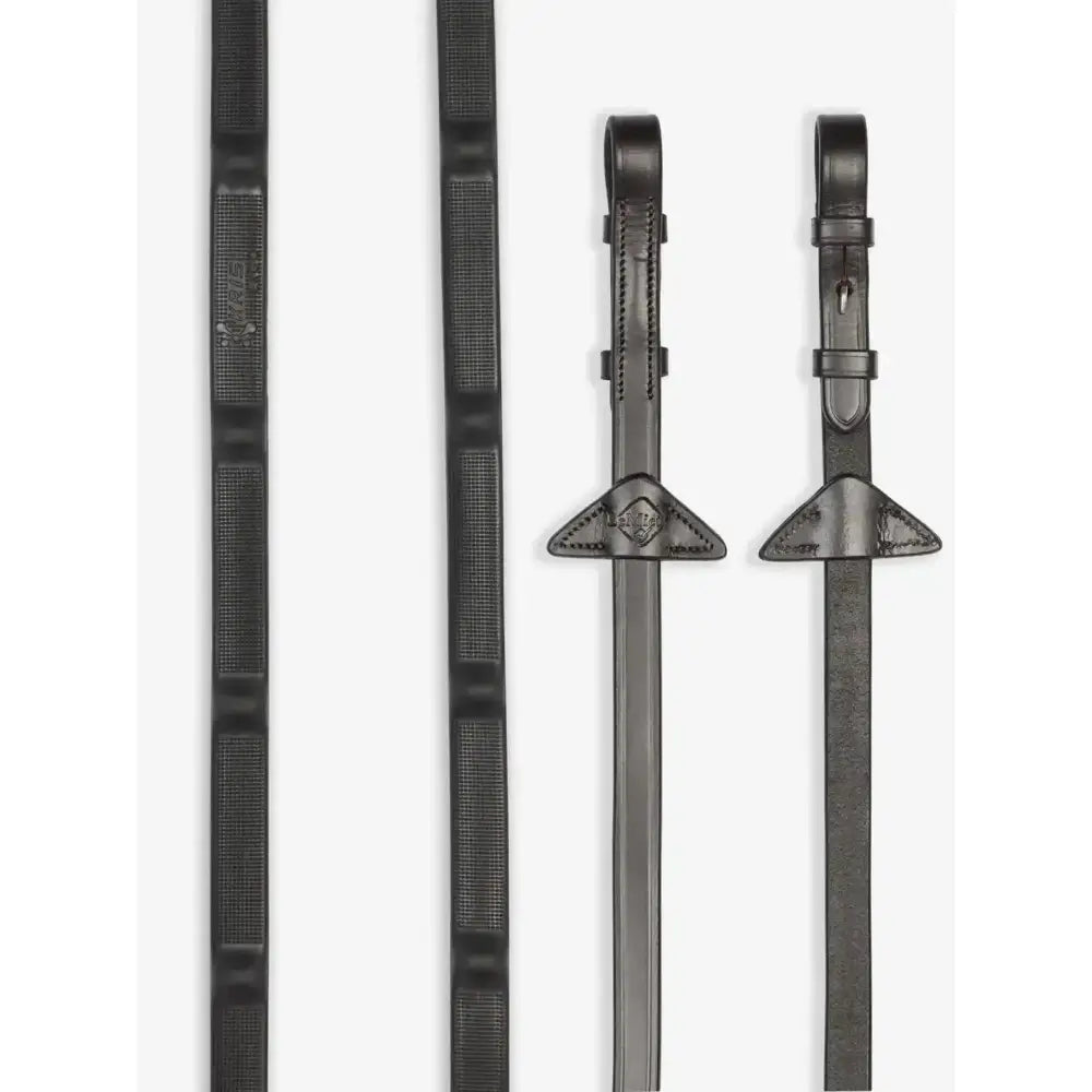 Black leather horse riding stirrups with textured grips and triangular metal plates for lemieux ergo grip rubber reins brown