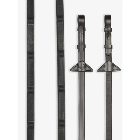 Black leather horse riding stirrups with textured grips and triangular metal plates for lemieux ergo grip rubber reins brown