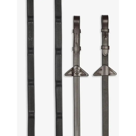 Black leather lemieux ergo grip rubber reins havana with textured grips and triangular metal buckles for riding