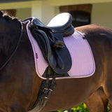 Pink lemieux essence dressage square fondant saddle pad with quilted design black leather straps and subtle logo