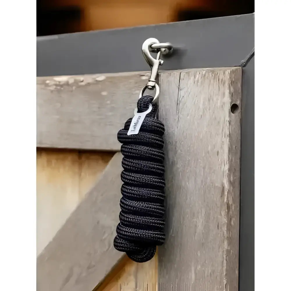 Black coiled lemieux essence leadrope navy with silver metal hook and clip for easy horse handling