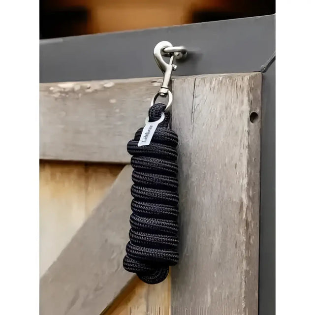 Black coiled lemieux essence leadrope navy with silver metal hook and clip for easy horse handling