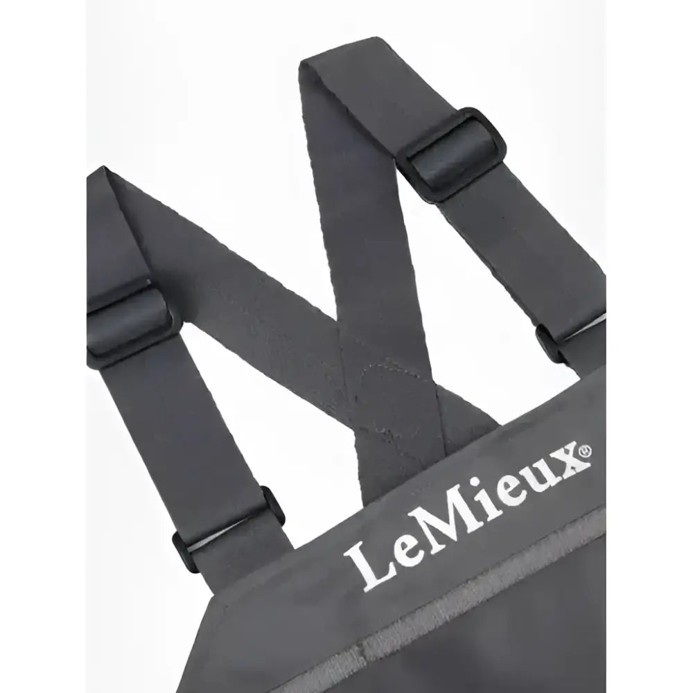 Dark gray durable fabric lemieux eventing bib suspenders with black buckles and subtle white logo for eventing bib slate use