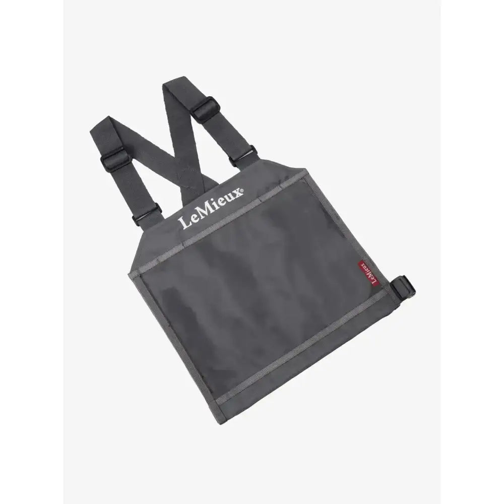 Gray lemieux eventing bib chest strap bag in slate grey with black adjustable straps and reinforced stitching for competition number