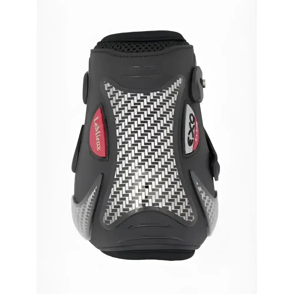 Black lemieux exo-flex® ankle boot with carbon fiber pattern and red branding, expertly designed fusion for performance horse boot