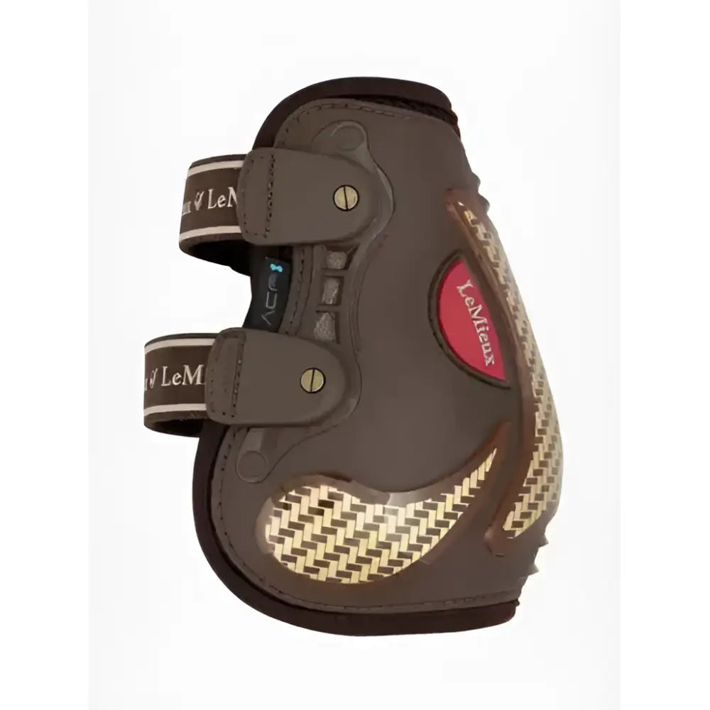 Brown leather lemieux exo-flex ankle horse boot with tan woven mesh and red lemieux branding for performance use
