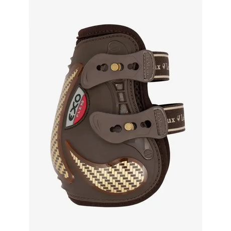Brown lemieux exo-flex performance horse boot with woven pattern gold buckles expertly designed fusion ankle boot