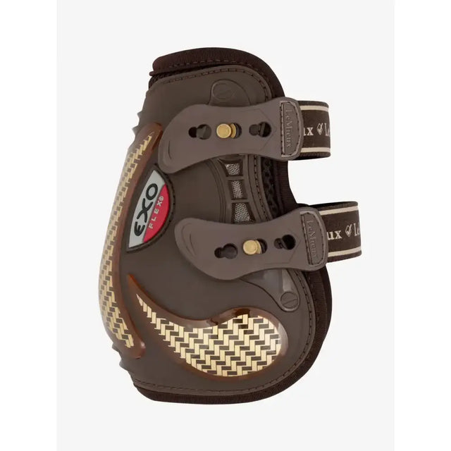 Brown lemieux exo-flex performance horse boot with woven pattern gold buckles expertly designed fusion ankle boot