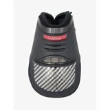 Black lemieux exo-flex® fetlock boot showing the back with carbon fiber weave and mesh ventilation panel expertly designed fusion