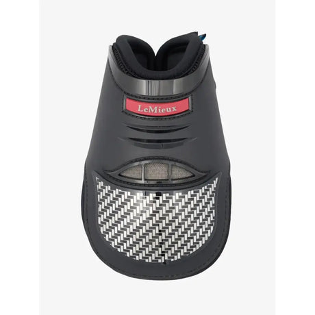 Black lemieux exo-flex® fetlock boot showing the back with carbon fiber weave and mesh ventilation panel expertly designed fusion
