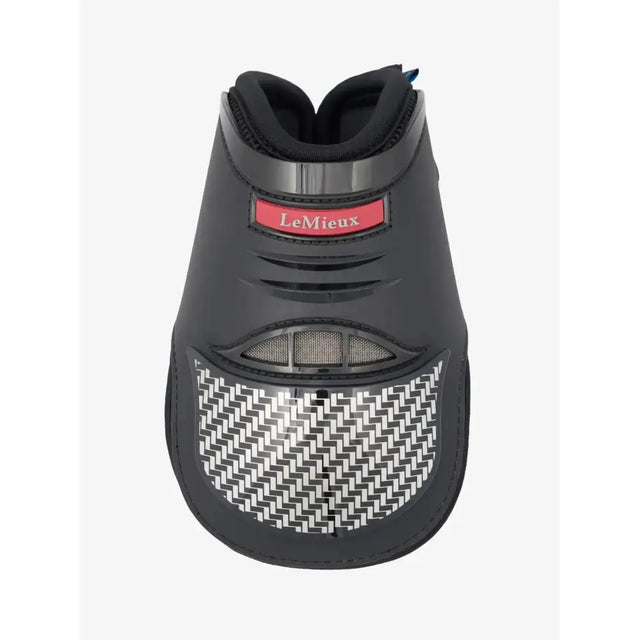 Black lemieux exo-flex® fetlock boot showing the back with carbon fiber weave and mesh ventilation panel expertly designed fusion