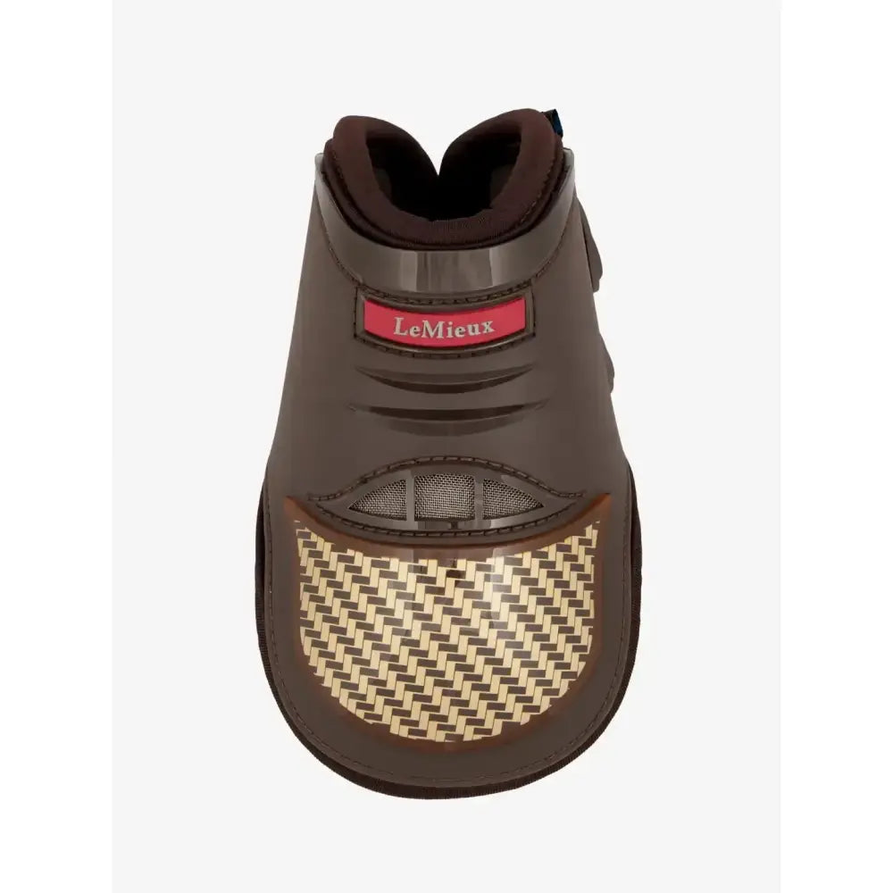 Brown lemieux exo-flex® fetlock performance horse boot with woven front pattern and mesh ventilation panels