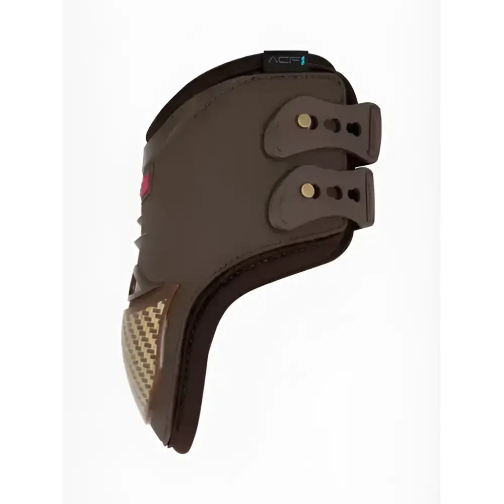 Brown lemieux exo-flex® fetlock performance horse boot with black trim gold buckles and carbon fiber panel