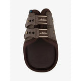 Dark brown leather lemieux exo-flex® fetlock boot with two adjustable straps and white branding for performance horses