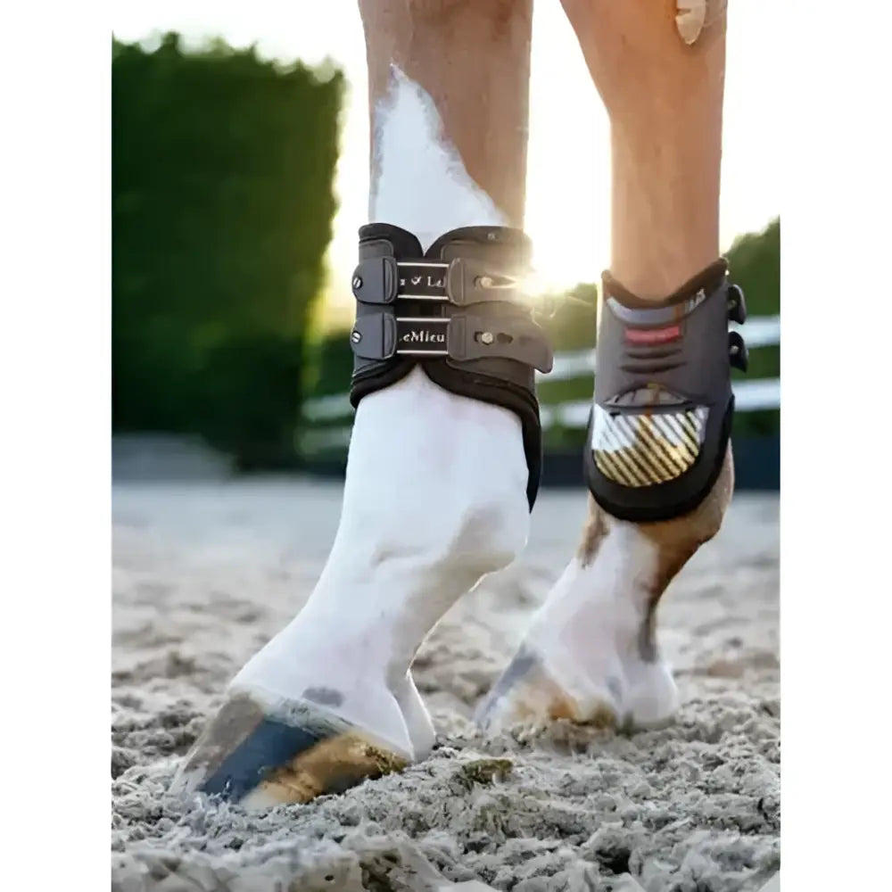 Black and gray lemieux exo-flex® fetlock equestrian boot with adjustable exo-flex® fetlock spare straps for secure fit