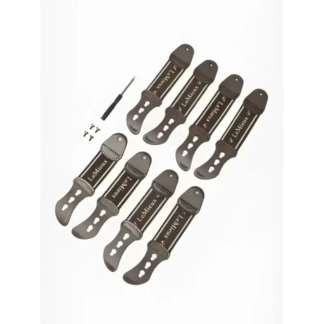 Set of eight black metal les paul guitar strap plates with engravings for lemieux exo-flex® fetlock spare strap use