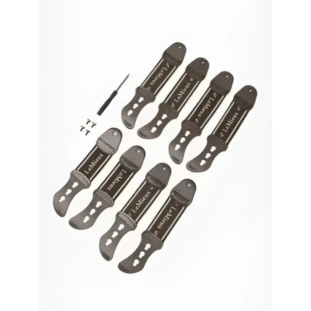 Set of eight black metal les paul guitar strap plates with engravings for lemieux exo-flex® fetlock spare strap use