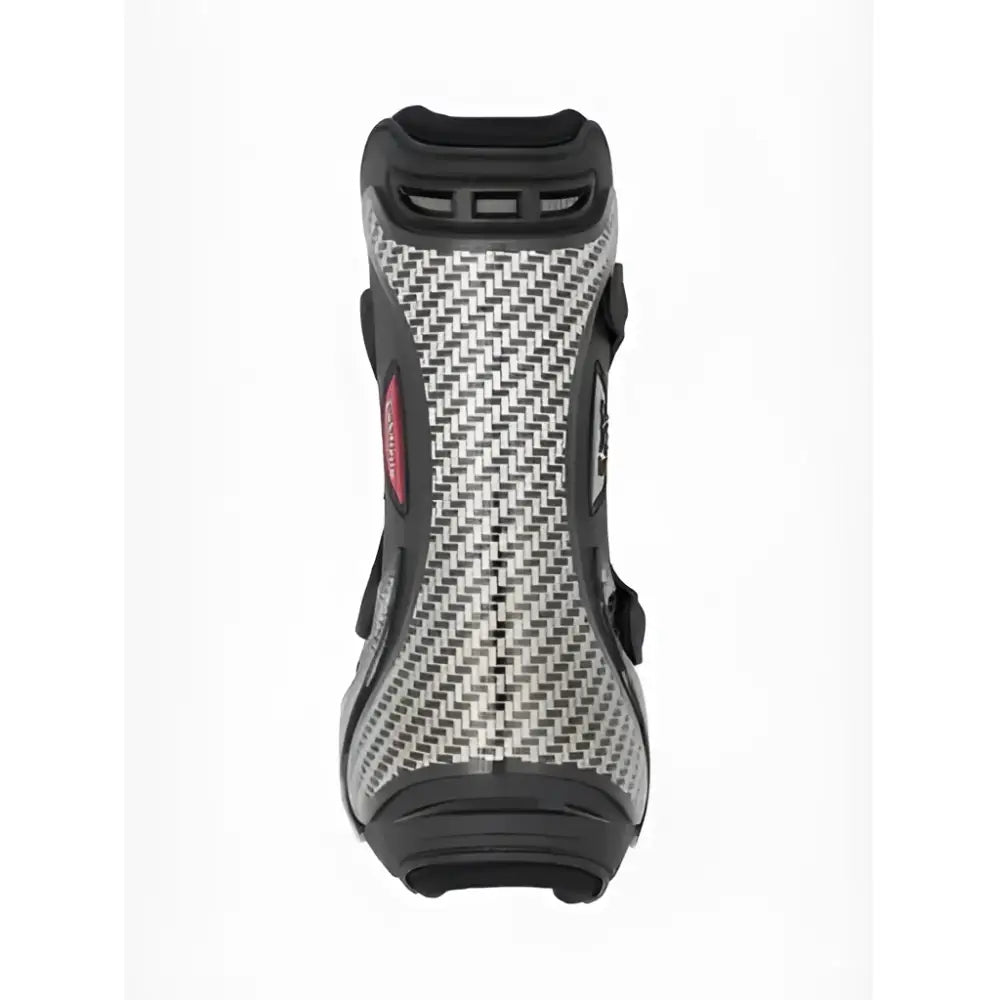 Black and silver carbon fiber lemieux exo-flex® tendon boot with red accent branding expertly designed fusion performance horse boot