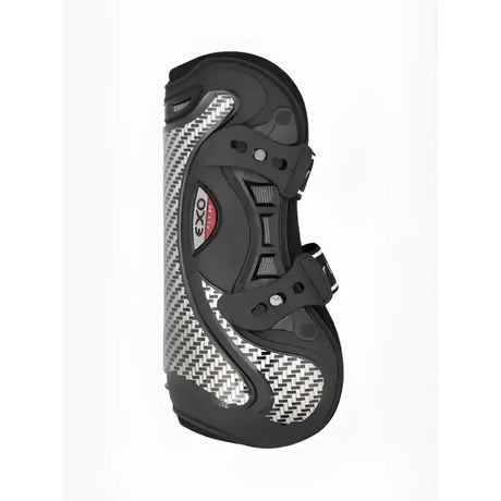 Black and silver carbon fiber lemieux exo-flex tendon boot with adjustable straps for performance horses