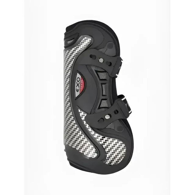 Black and silver carbon fiber lemieux exo-flex tendon boot with adjustable straps for performance horses