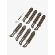Set of eight dark brown lemieux exo-flex® tendon spare leather straps with silver metal hardware and embossed branding